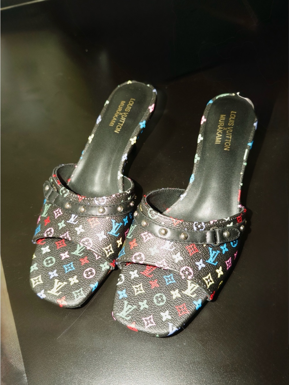 Louis Vuitton Black Multicolor Monogram Slip-On Mules